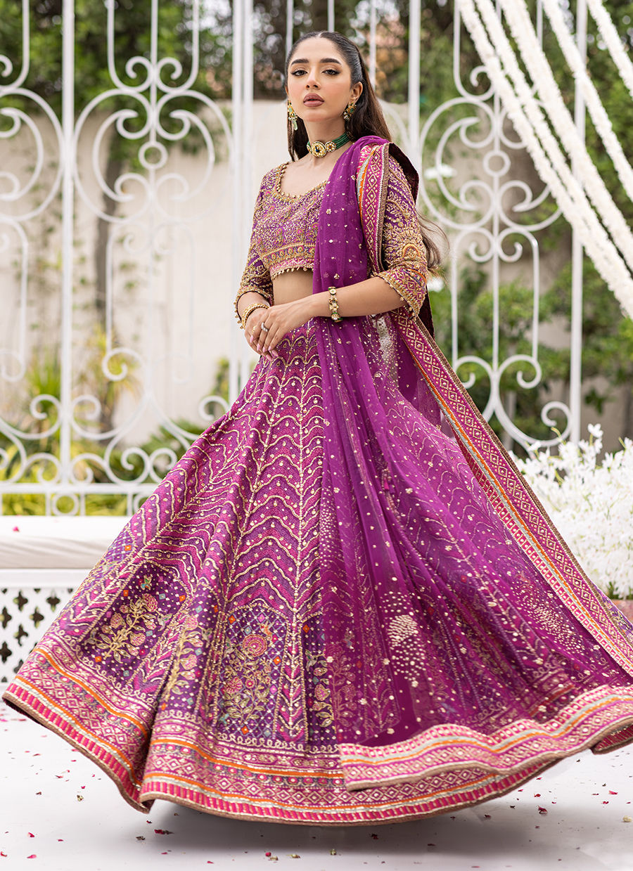 Pakistani Purple Hand-Embellished Raw Silk Lehnga Choli (3-Piece) - Image 2