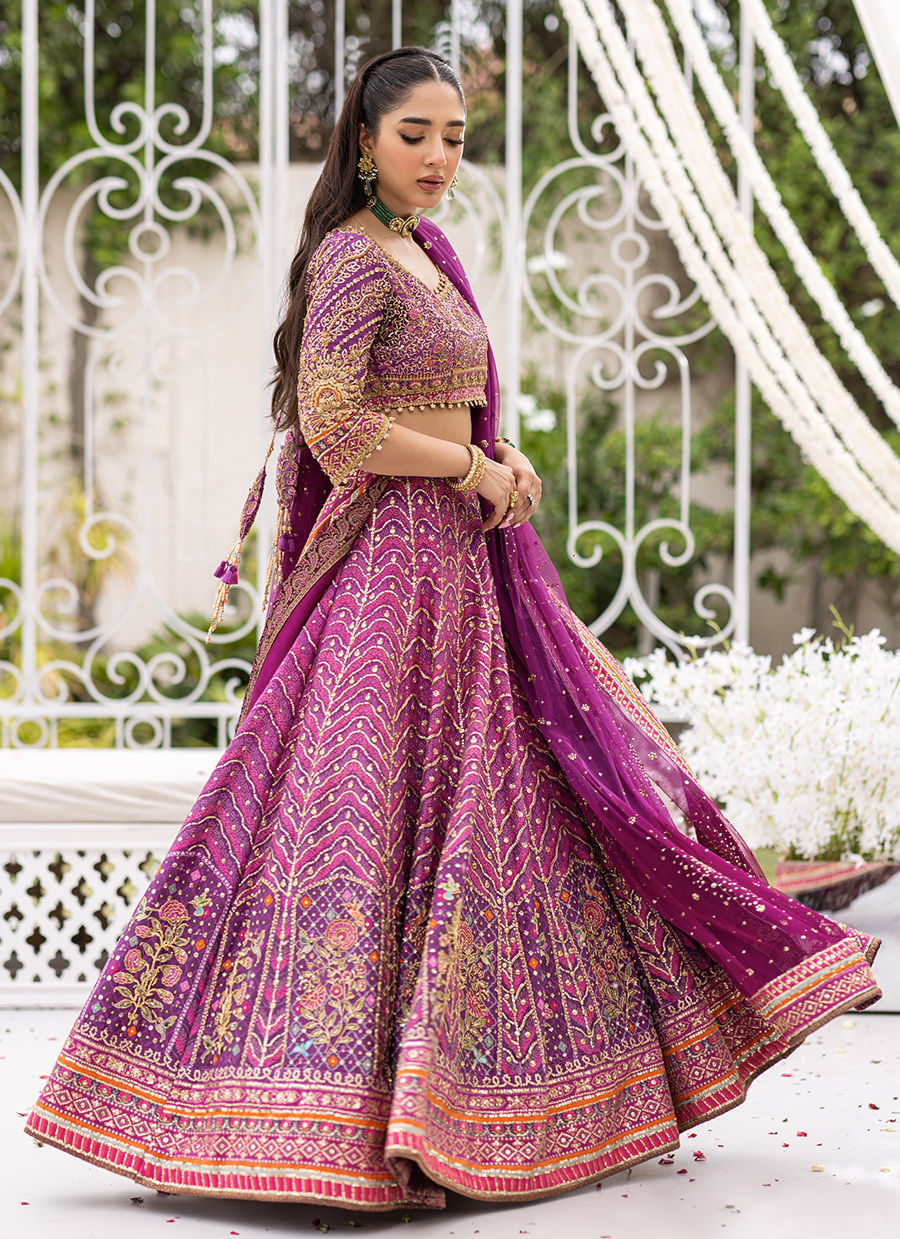 Pakistani Purple Hand-Embellished Raw Silk Lehnga Choli (3-Piece) - Image 3