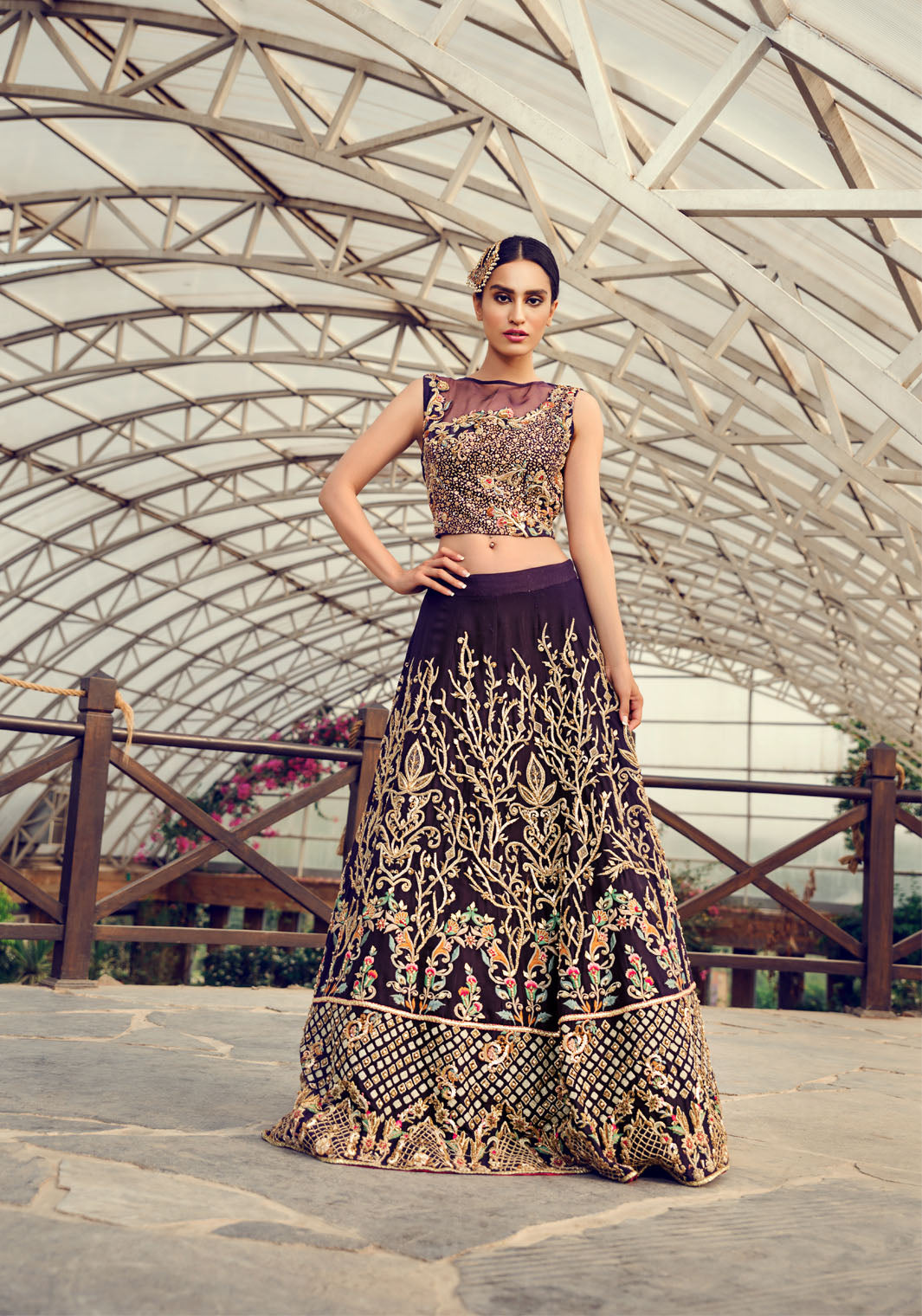 Aubergine Hand-Embellished Pure Raw Silk Lehenga Choli (2-Piece) - Image 2