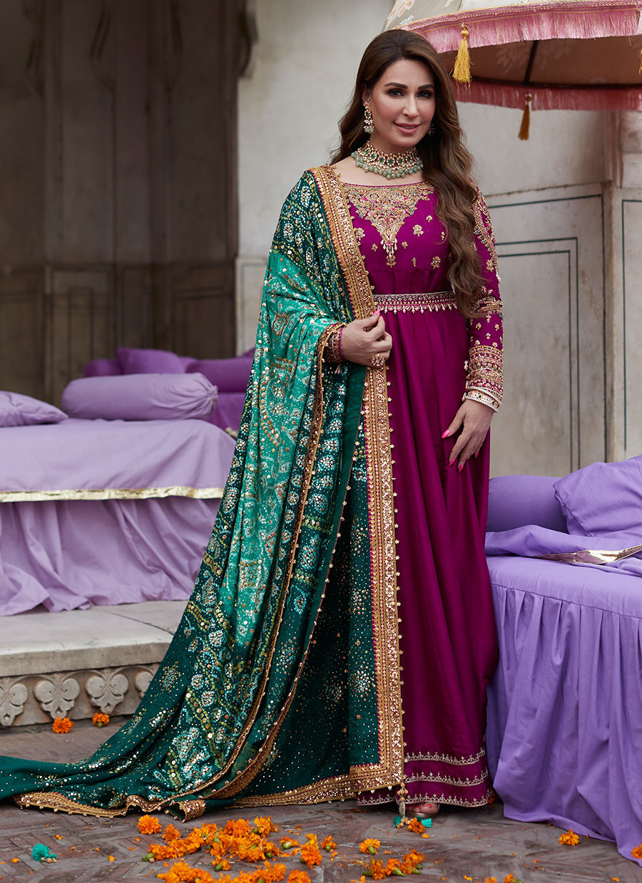 Pakistani Deep Plum Embellished Raw Silk Kalidaar Lehenga (3-Piece) - Image 1