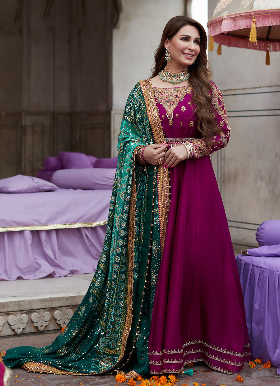 Pakistani Deep Plum Embellished Raw Silk Kalidaar Lehenga (3-Piece) - Image 2
