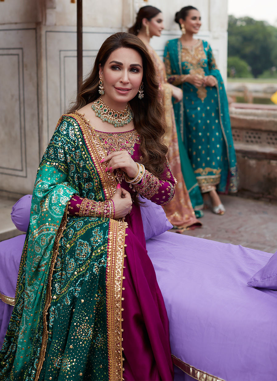 Pakistani Deep Plum Embellished Raw Silk Kalidaar Lehenga (3-Piece) - Image 3