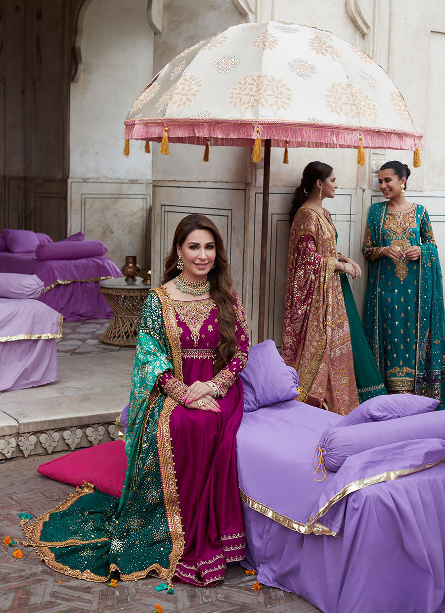 Pakistani Deep Plum Embellished Raw Silk Kalidaar Lehenga (3-Piece) - Image 4