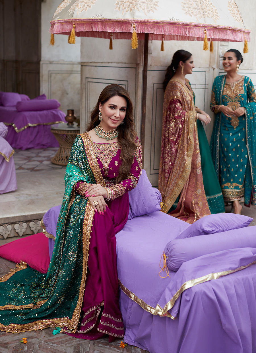 Pakistani Deep Plum Embellished Raw Silk Kalidaar Lehenga (3-Piece) - Image 5