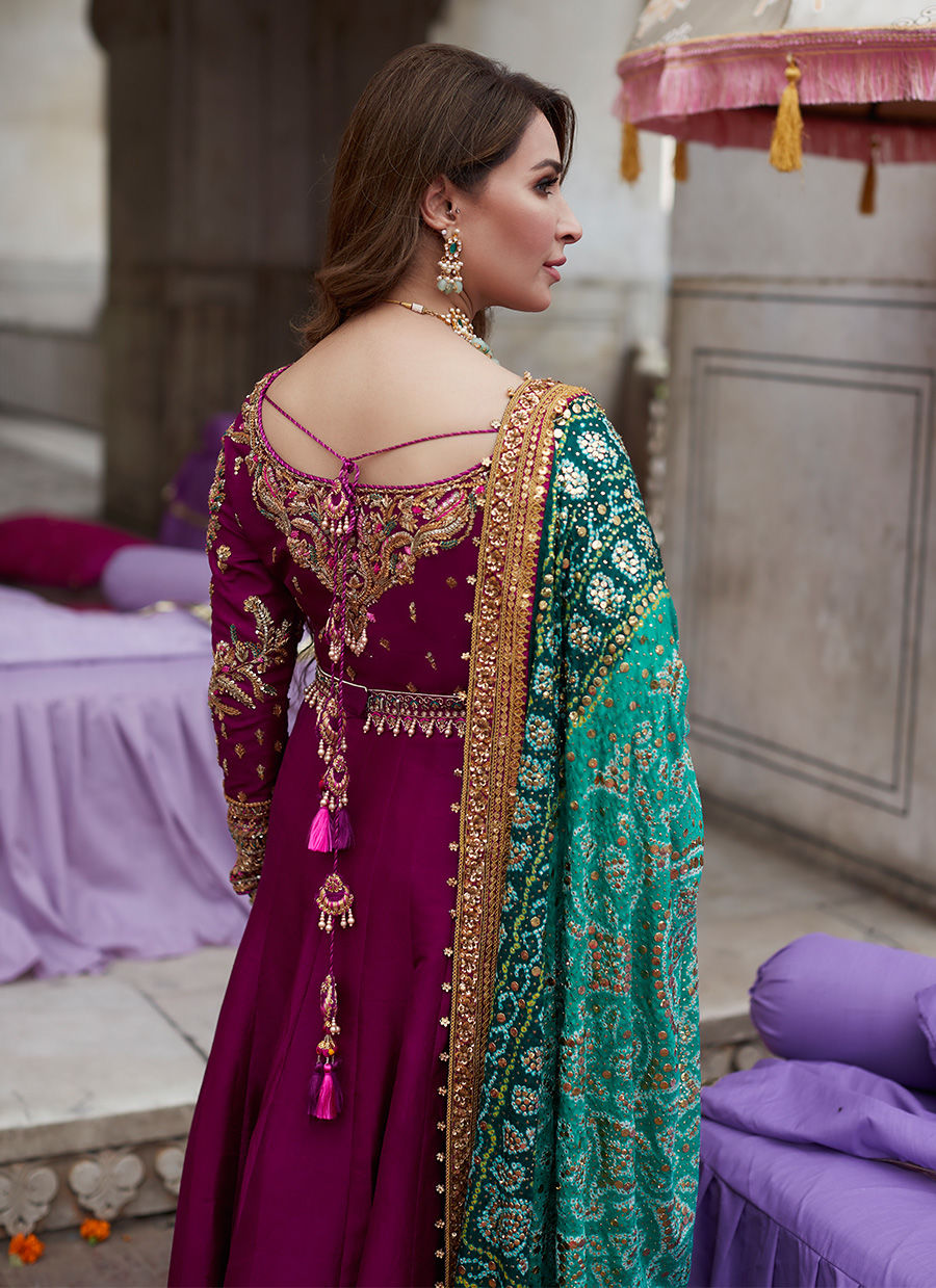 Pakistani Deep Plum Embellished Raw Silk Kalidaar Lehenga (3-Piece) - Image 7
