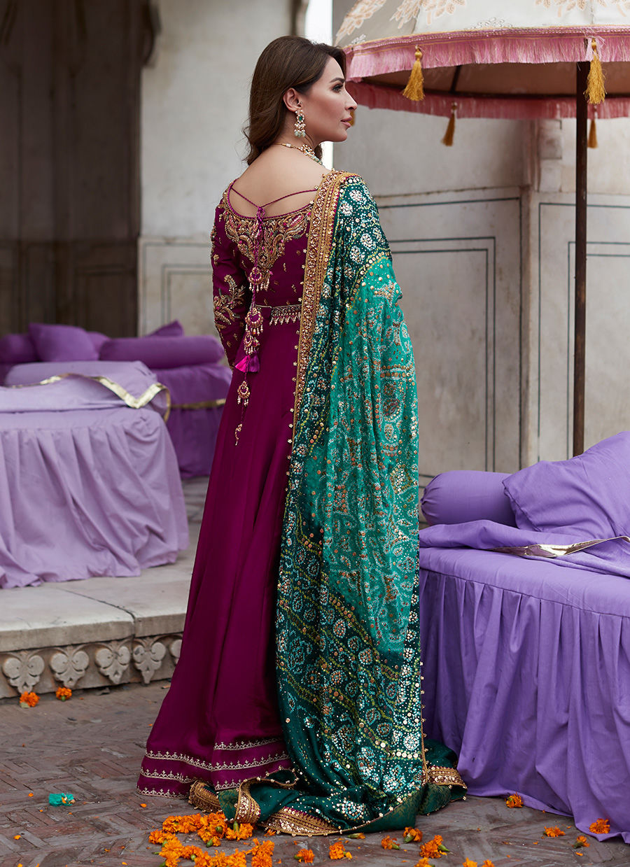 Pakistani Deep Plum Embellished Raw Silk Kalidaar Lehenga (3-Piece) - Image 8