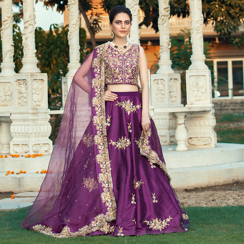 Pakistani Deep Purple Kaamdani Raw Silk Bridal Lehenga (3-Piece) - Image 1