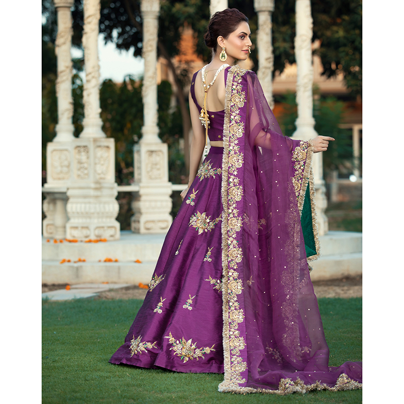 Pakistani Deep Purple Kaamdani Raw Silk Bridal Lehenga (3-Piece) - Image 2