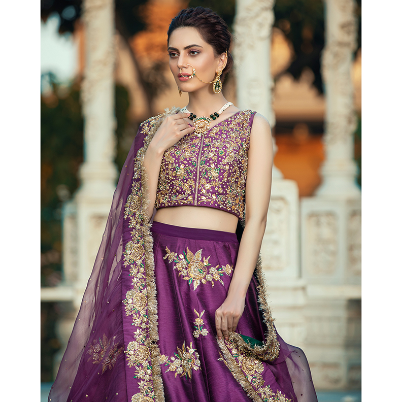 Pakistani Deep Purple Kaamdani Raw Silk Bridal Lehenga (3-Piece) - Image 3