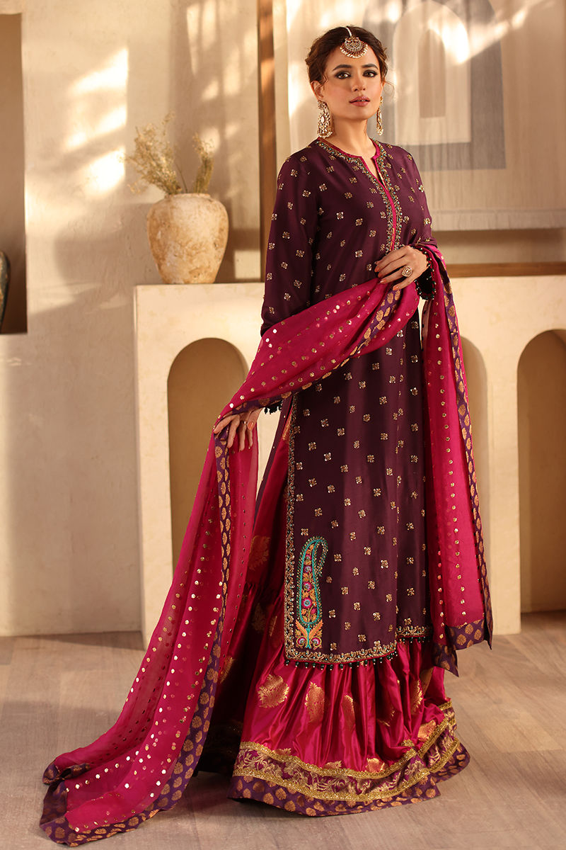 Pakistani Purple Kamdani Raw Silk Shirt & Jamawar Lehenga (3-Piece) - Image 1