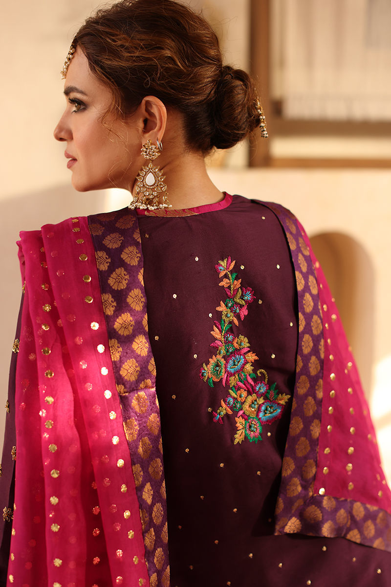 Pakistani Purple Kamdani Raw Silk Shirt & Jamawar Lehenga (3-Piece) - Image 10