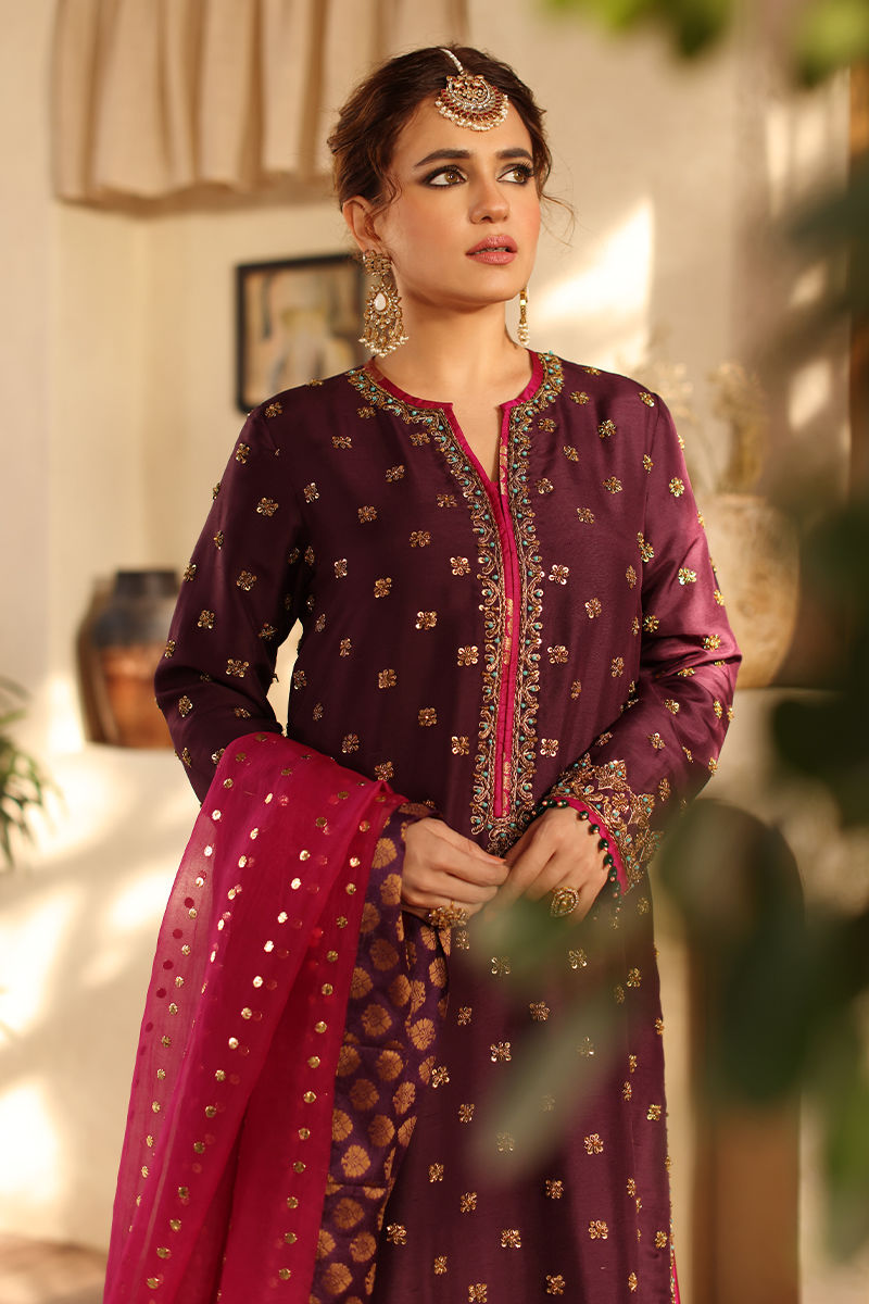 Pakistani Purple Kamdani Raw Silk Shirt & Jamawar Lehenga (3-Piece) - Image 2