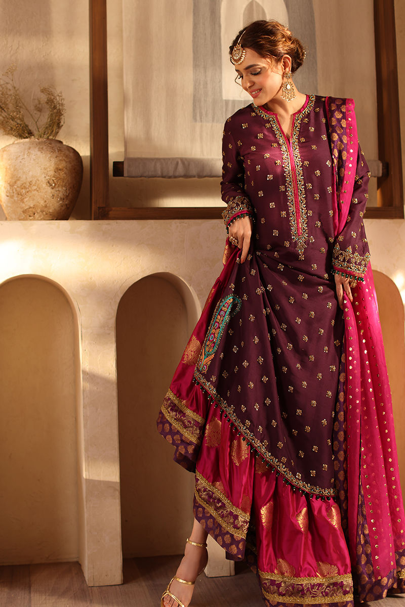 Pakistani Purple Kamdani Raw Silk Shirt & Jamawar Lehenga (3-Piece) - Image 3