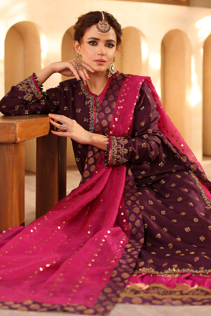 Pakistani Purple Kamdani Raw Silk Shirt & Jamawar Lehenga (3-Piece) - Image 4