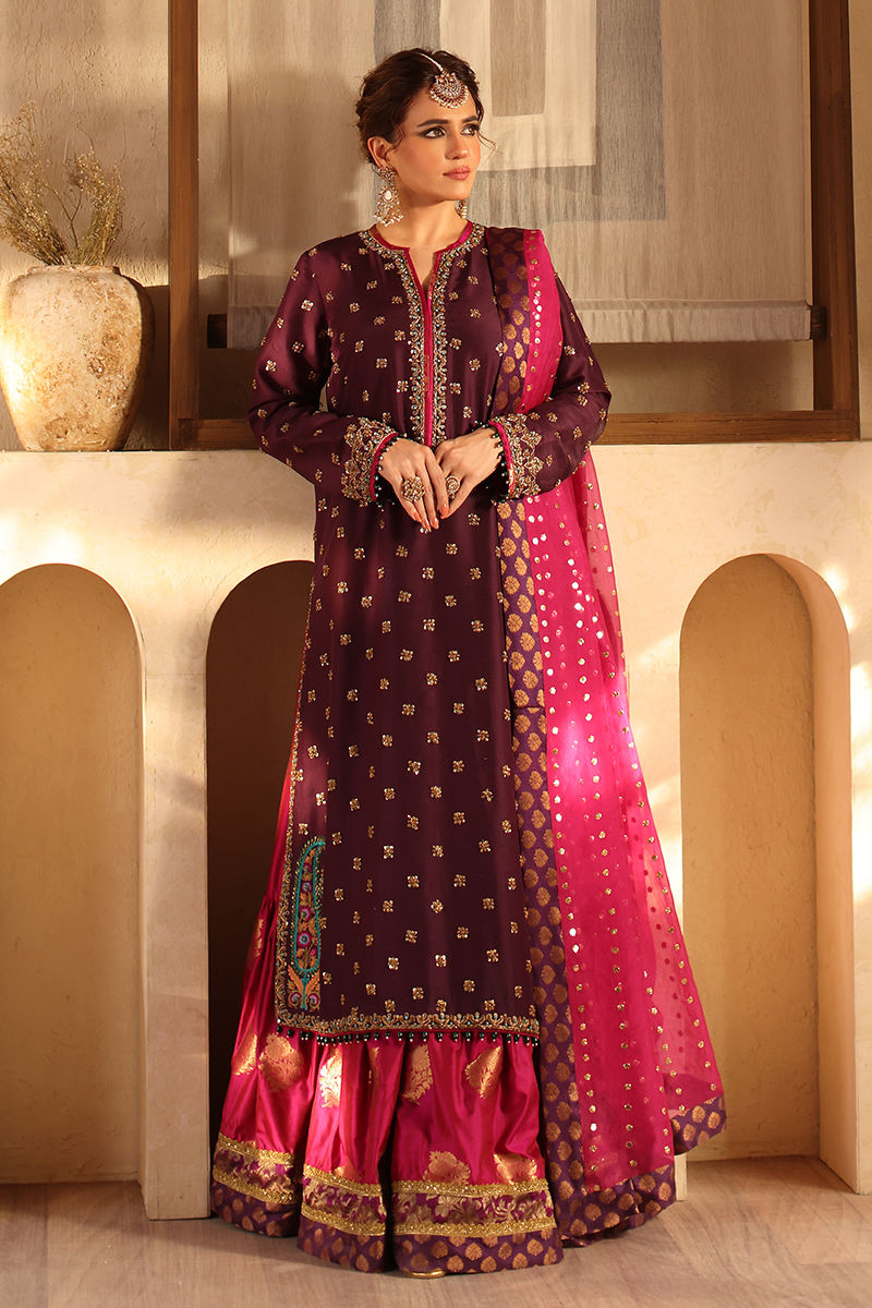Pakistani Purple Kamdani Raw Silk Shirt & Jamawar Lehenga (3-Piece) - Image 5