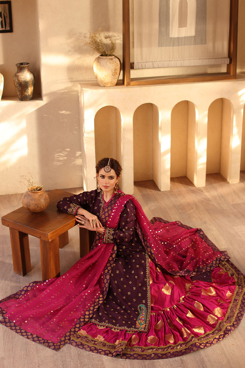 Pakistani Purple Kamdani Raw Silk Shirt & Jamawar Lehenga (3-Piece) - Image 6