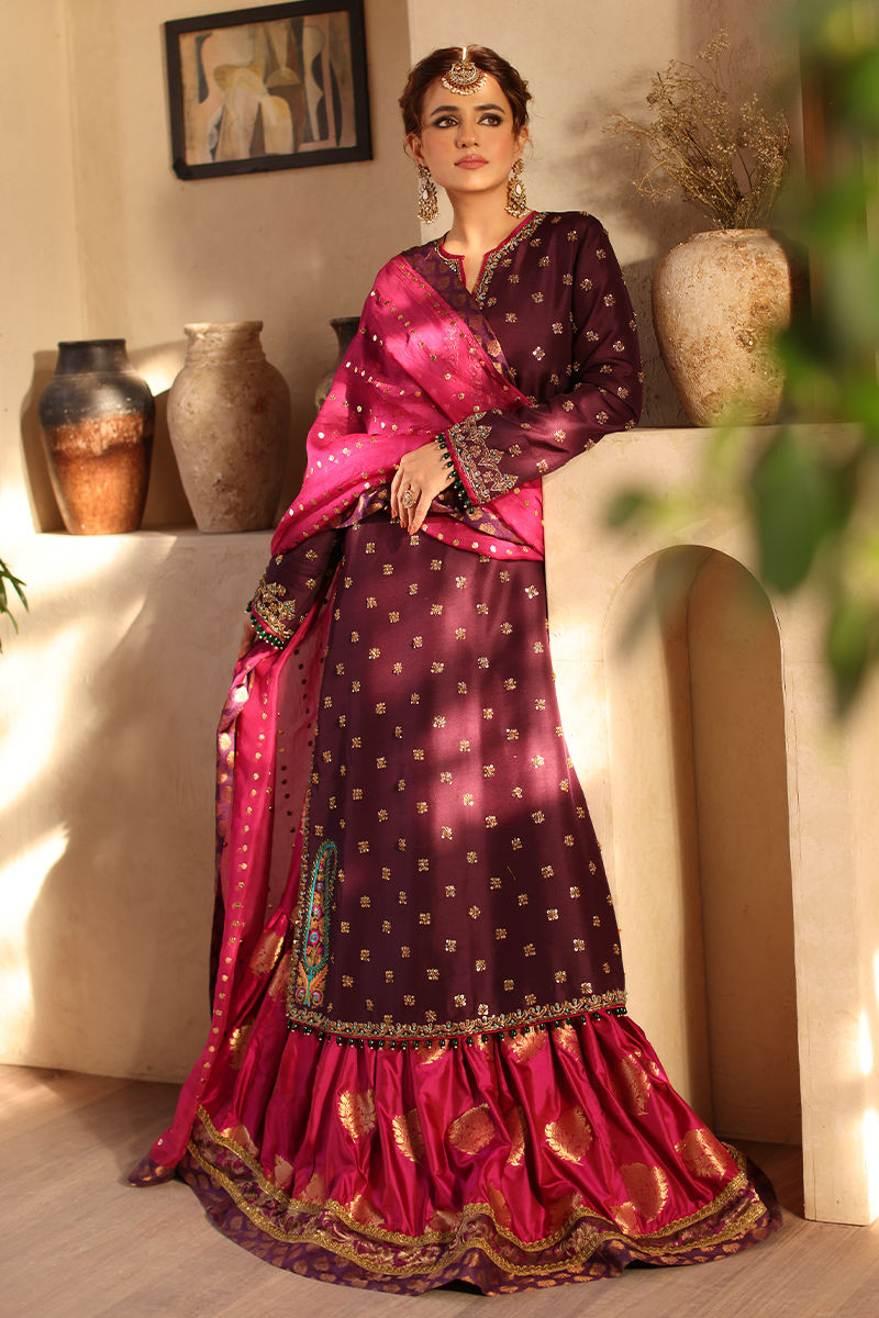 Pakistani Purple Kamdani Raw Silk Shirt & Jamawar Lehenga (3-Piece) - Image 7