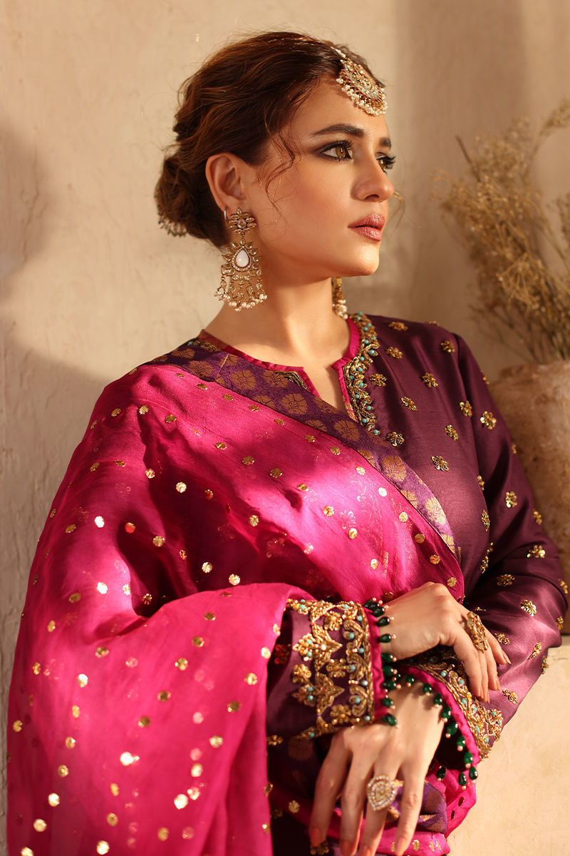 Pakistani Purple Kamdani Raw Silk Shirt & Jamawar Lehenga (3-Piece) - Image 8