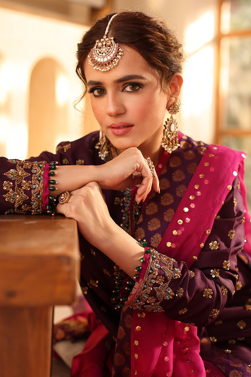 Pakistani Purple Kamdani Raw Silk Shirt & Jamawar Lehenga (3-Piece) - Image 9