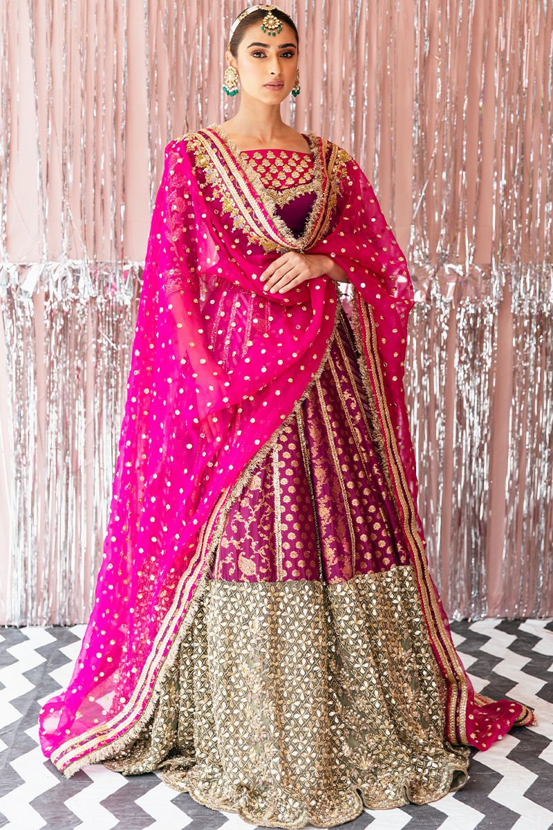 Plum Gota Mukesh Raw Silk Bridal Lehenga (3-Piece) - Image 1