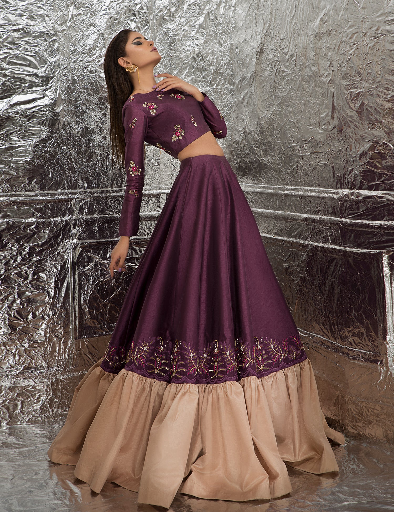 Pakistani Purple Embroidered Raw Silk & Organza Lehenga (3-Piece) - Image 3