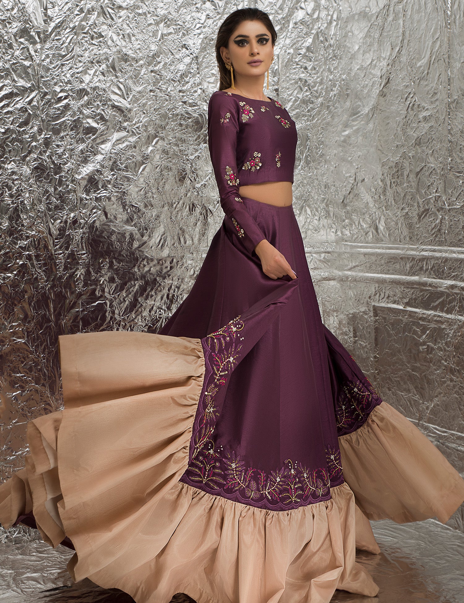 Pakistani Purple Embroidered Raw Silk & Organza Lehenga (3-Piece) - Image 4