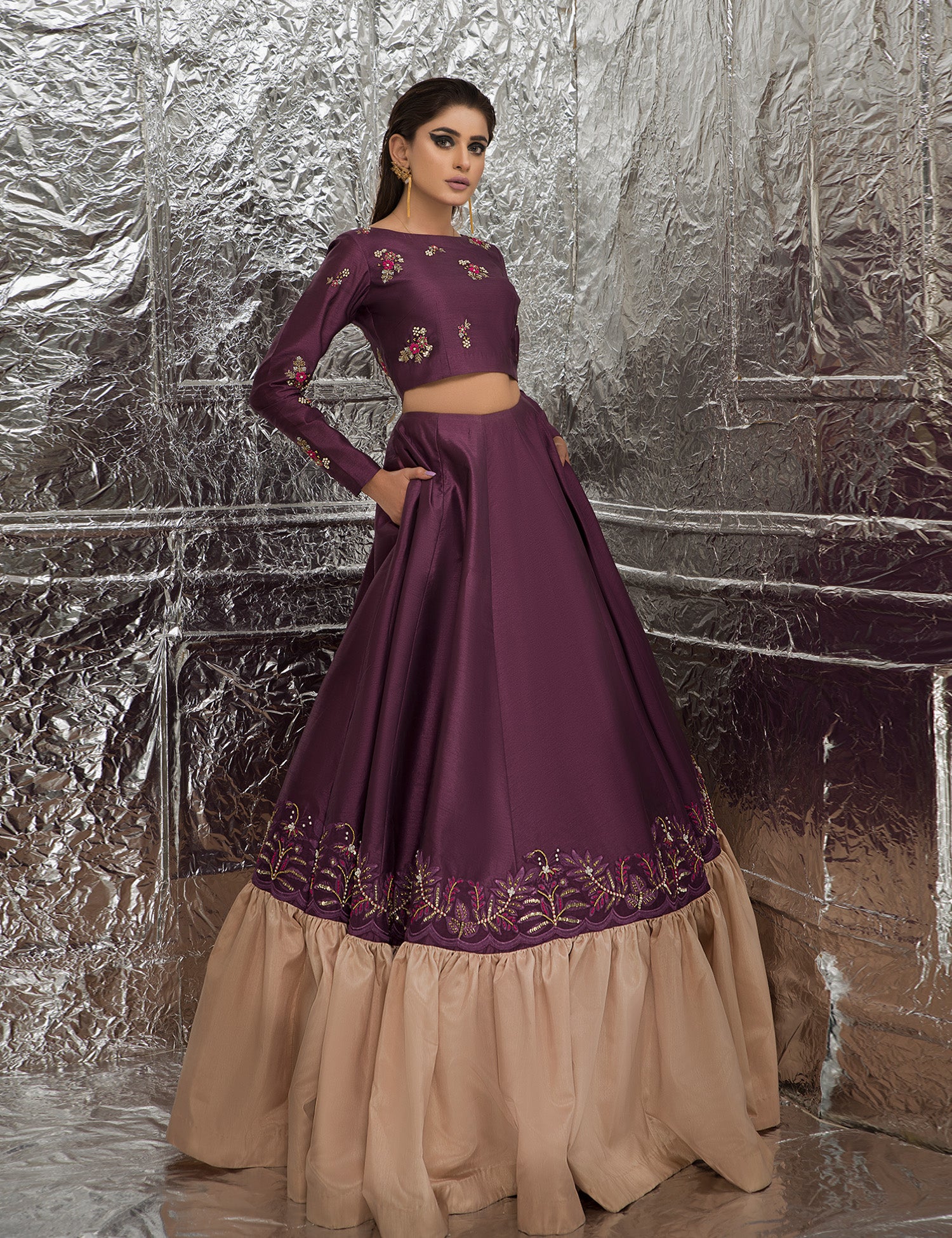 Pakistani Purple Embroidered Raw Silk & Organza Lehenga (3-Piece) - Image 5