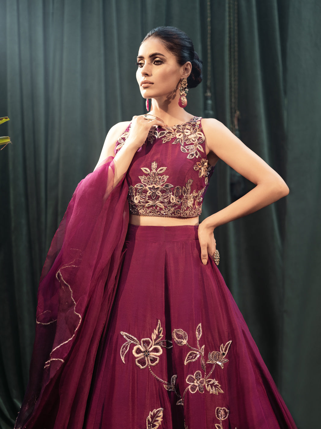 Pakistani Purple Cut Dana Resham Raw Silk Lehenga Choli (3-Piece) - Image 3