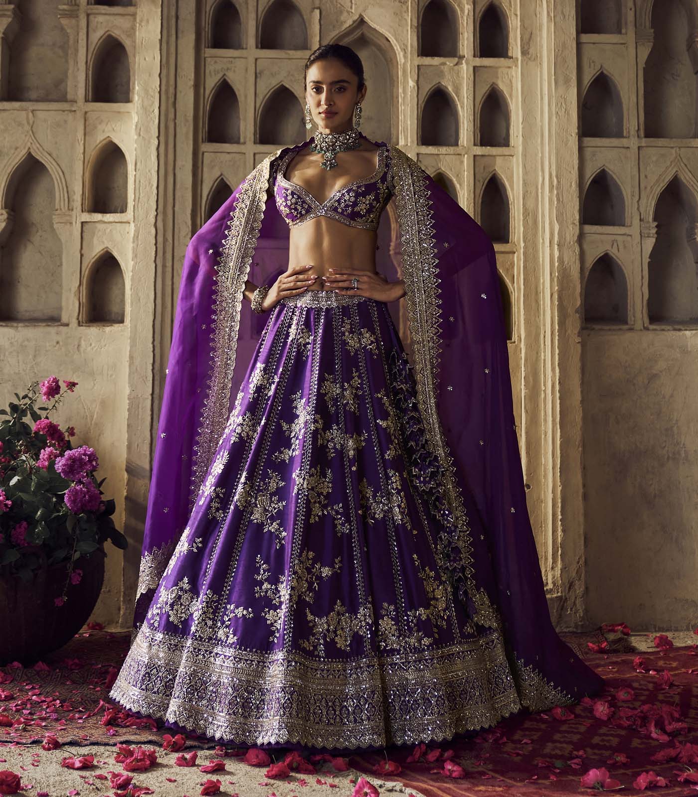 Purple Embroidered Raw Silk Lehenga Set (3-Piece) - Image 1