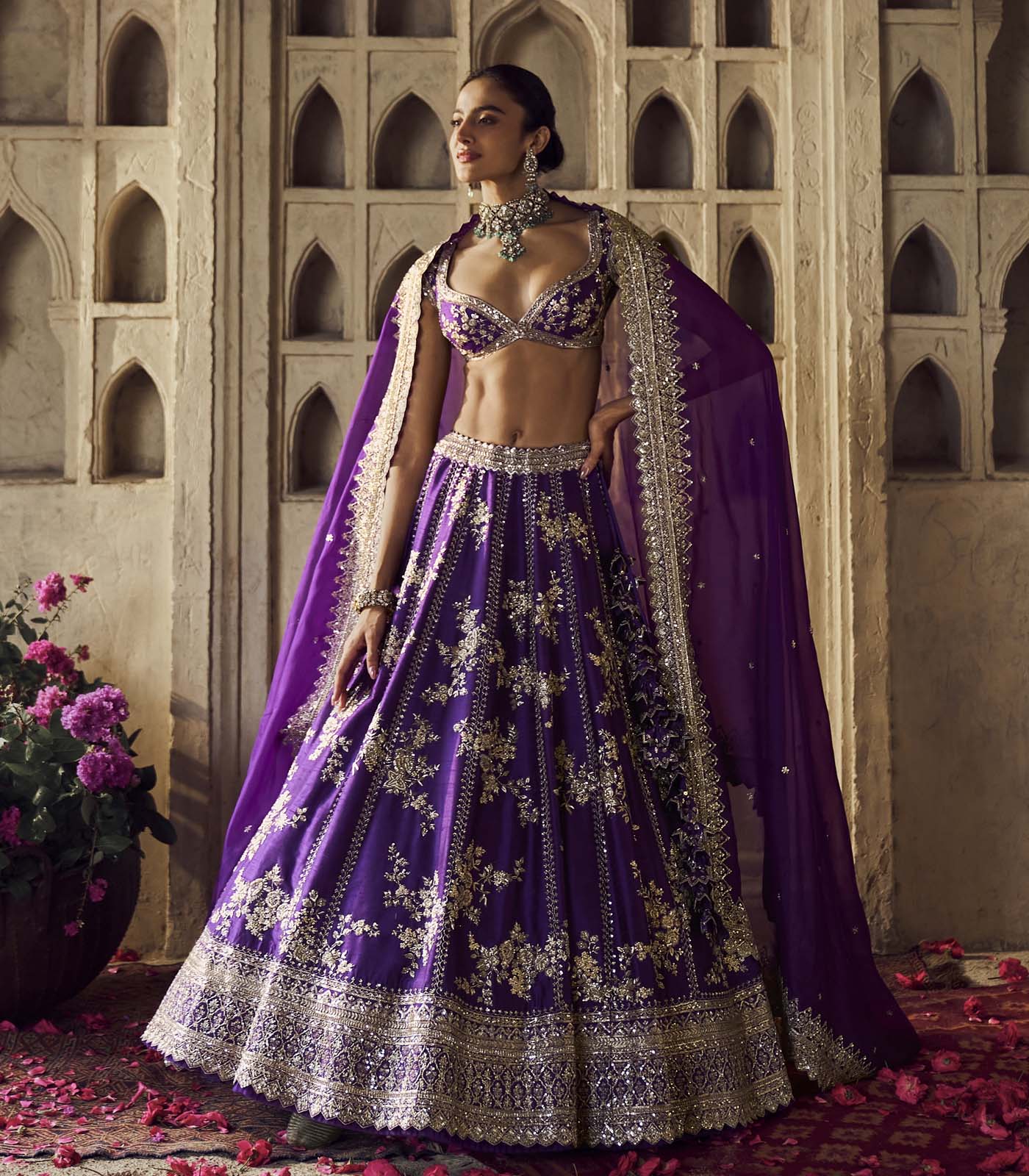 Purple Embroidered Raw Silk Lehenga Set (3-Piece) - Image 3