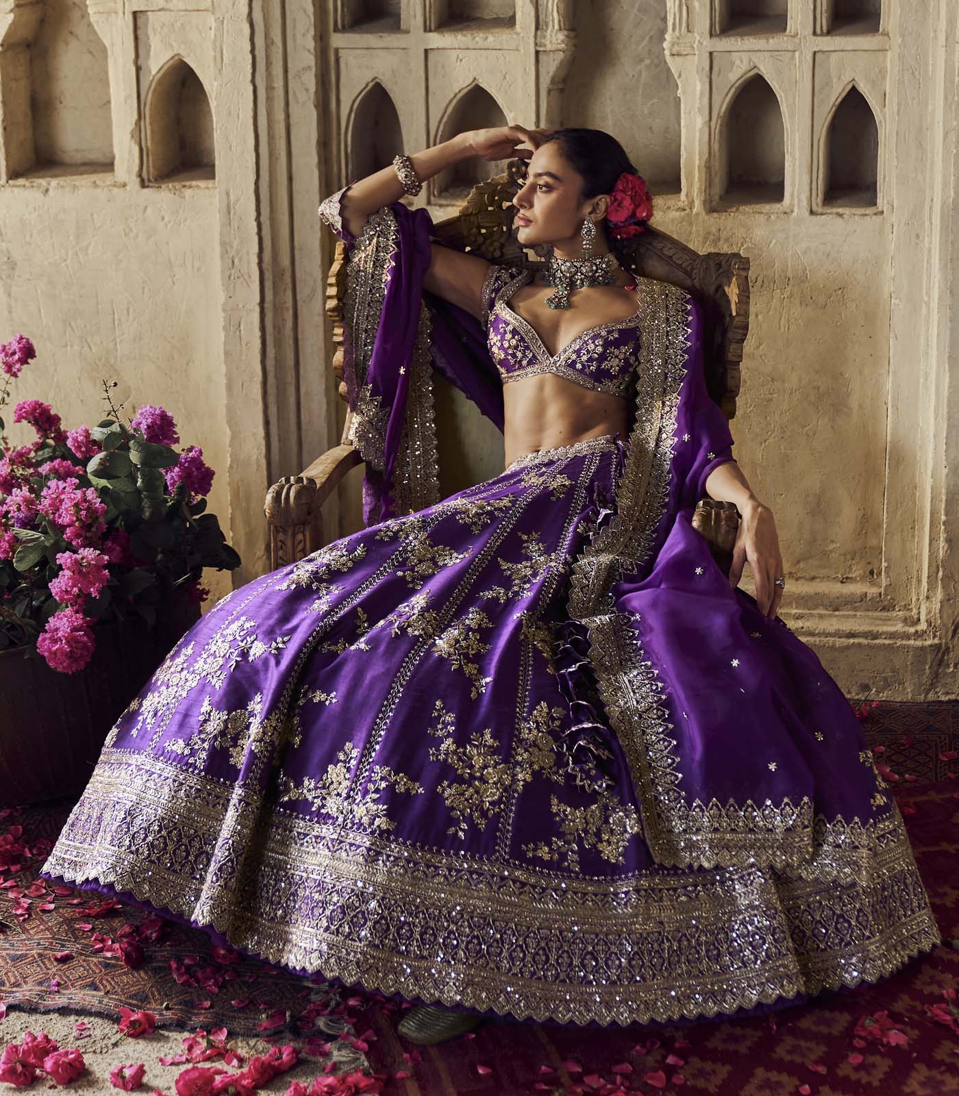 Purple Embroidered Raw Silk Lehenga Set (3-Piece) - Image 5