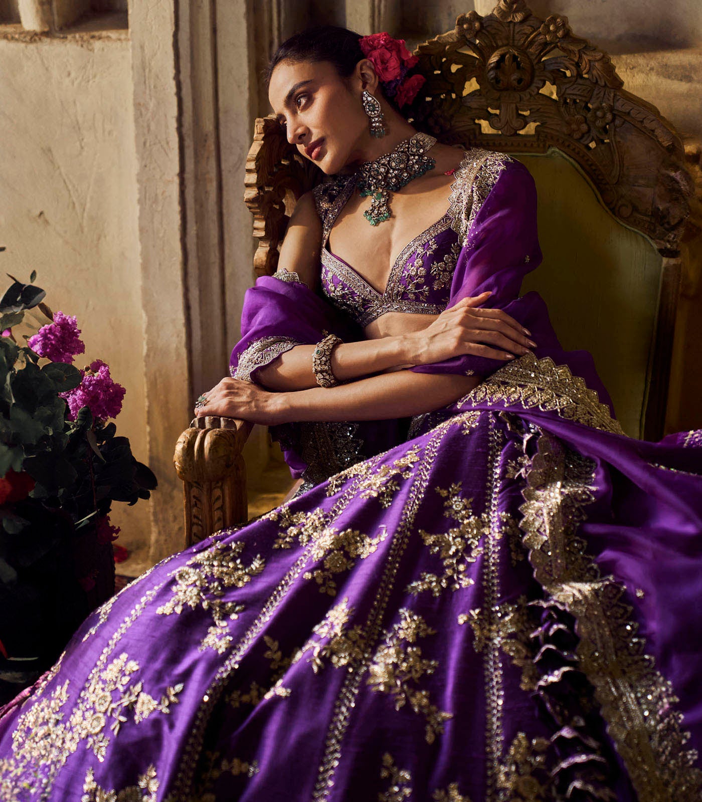 Purple Embroidered Raw Silk Lehenga Set (3-Piece) - Image 6