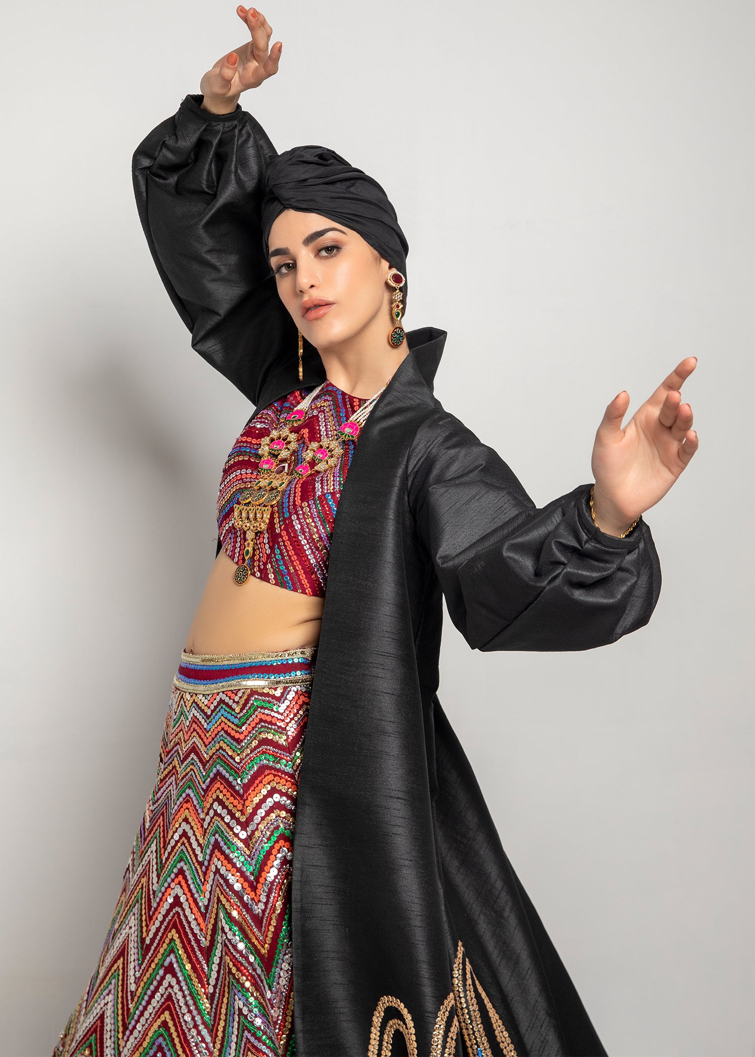 Pakistani Plum Multicolour Sitara Raw Silk Lehenga Choli (3-Piece) - Image 2