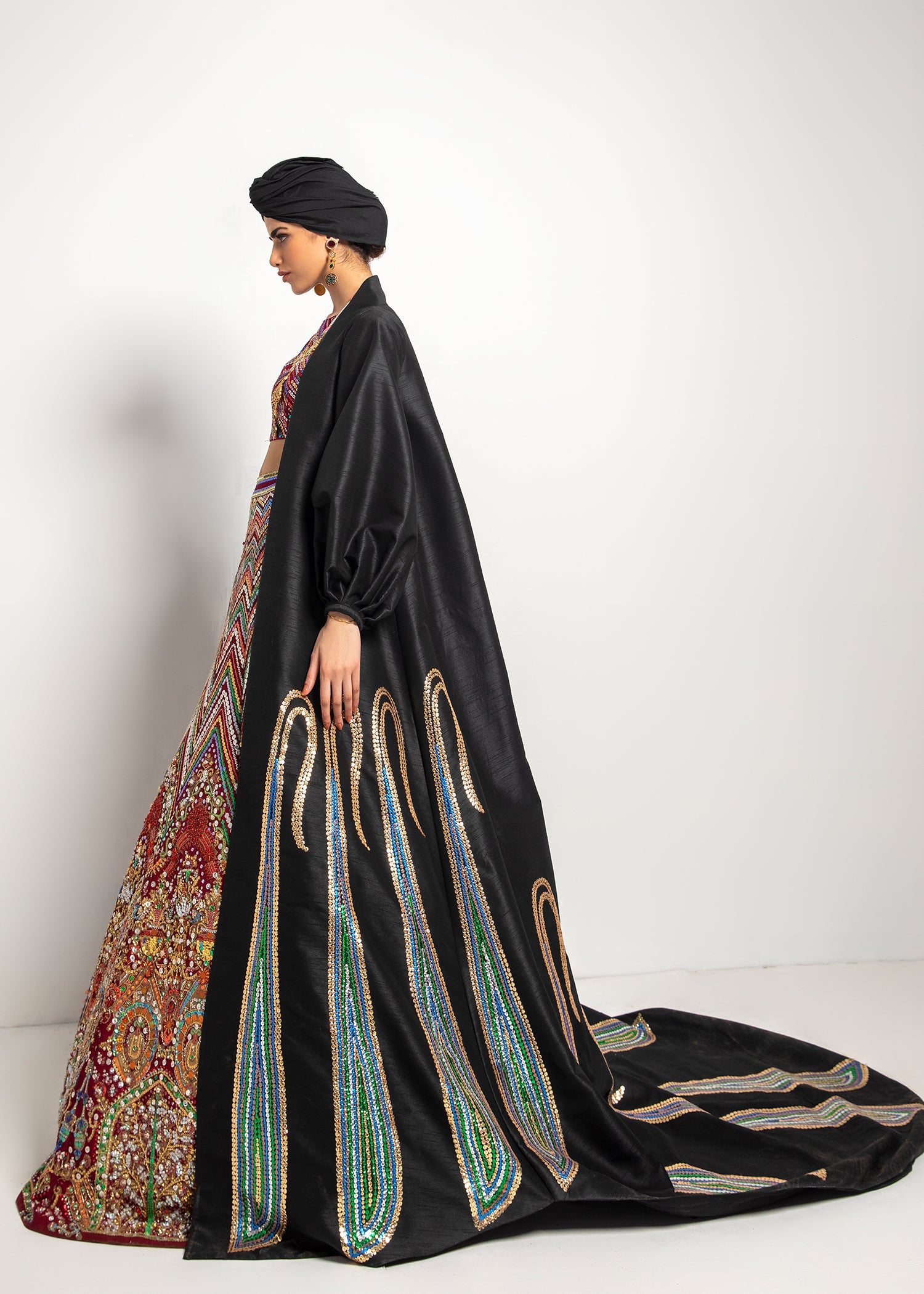 Pakistani Plum Multicolour Sitara Raw Silk Lehenga Choli (3-Piece) - Image 3