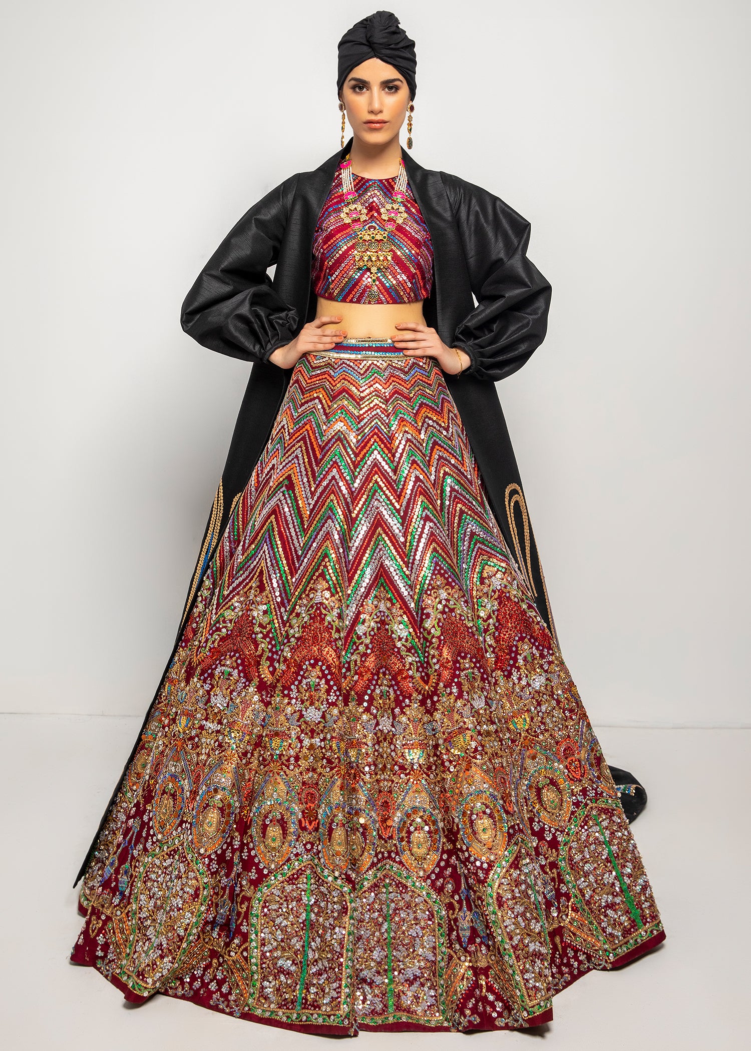 Pakistani Plum Multicolour Sitara Raw Silk Lehenga Choli (3-Piece) - Image 5