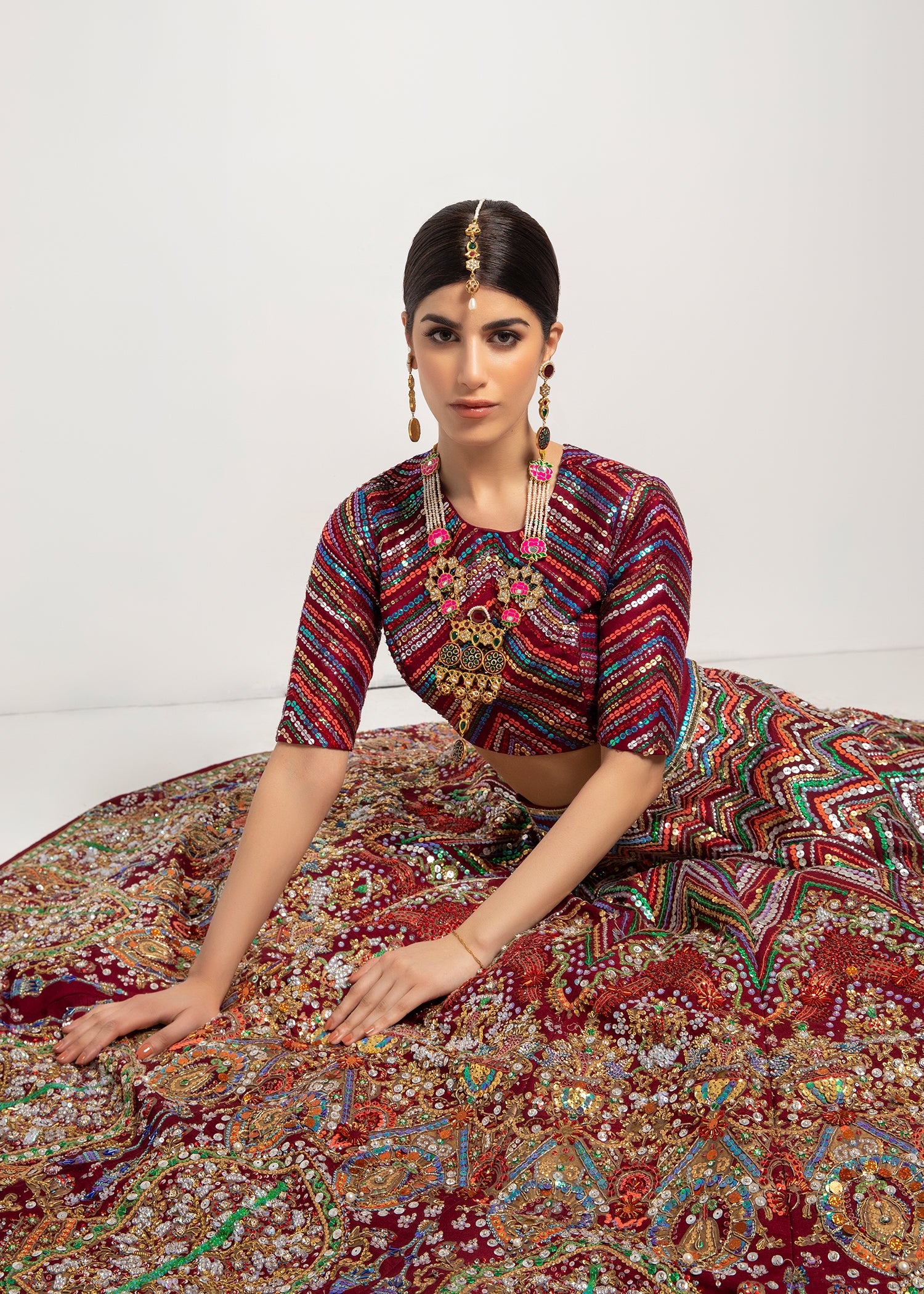 Pakistani Plum Multicolour Sitara Raw Silk Lehenga Choli (3-Piece) - Image 6