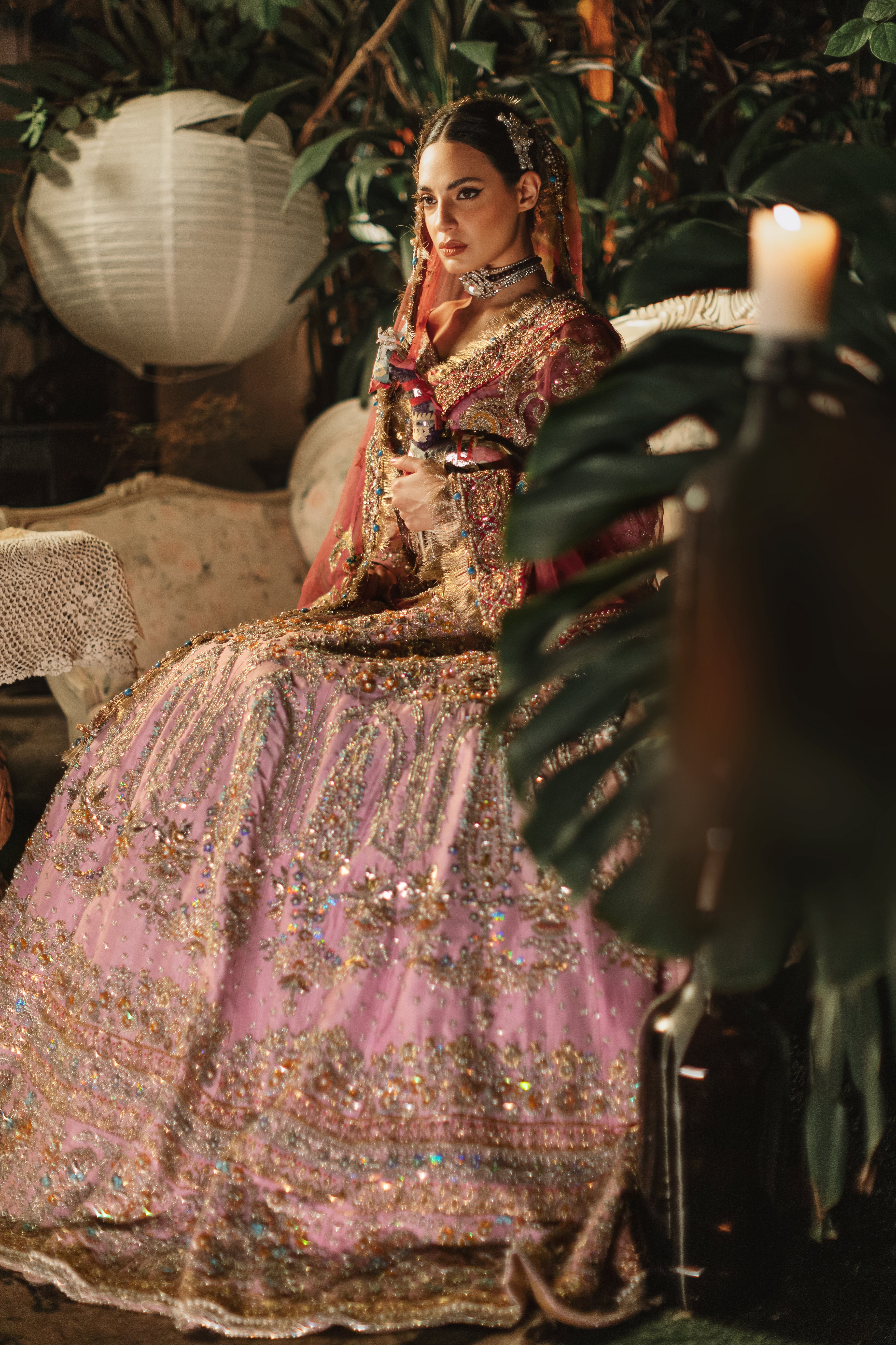 Pakistani Lilac Embellished Raw Silk Lehnga Choli (3-Piece) - Image 2