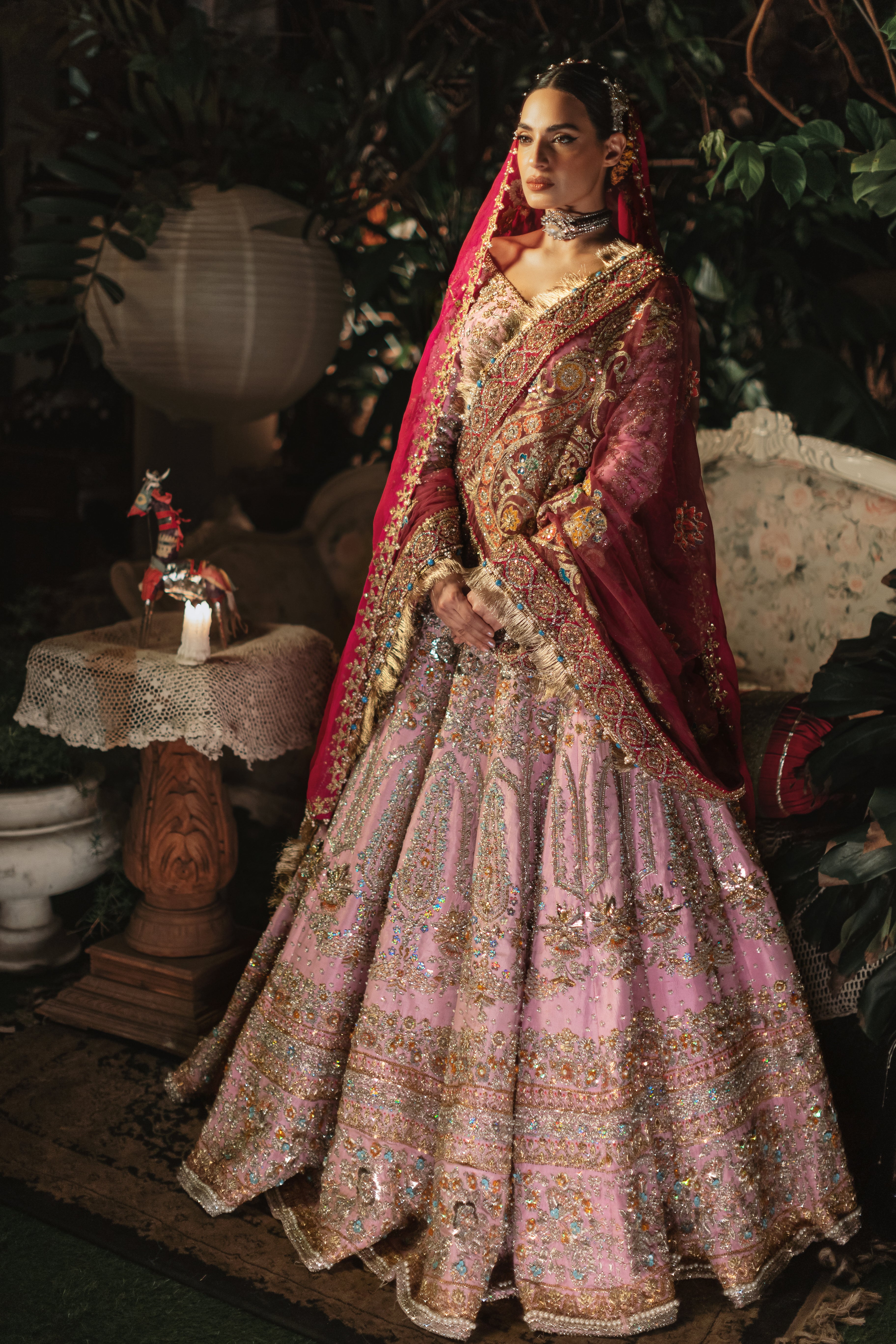 Pakistani Lilac Embellished Raw Silk Lehnga Choli (3-Piece) - Image 4