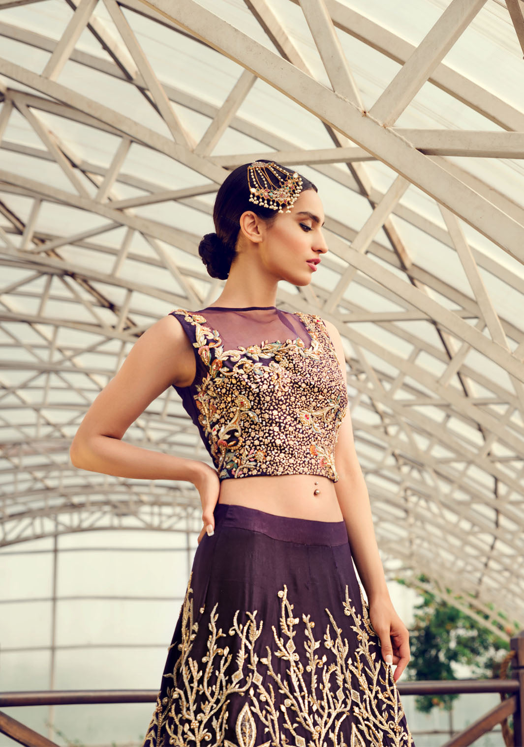 Aubergine Hand-Embellished Pure Raw Silk Lehenga Choli (2-Piece) - Image 1