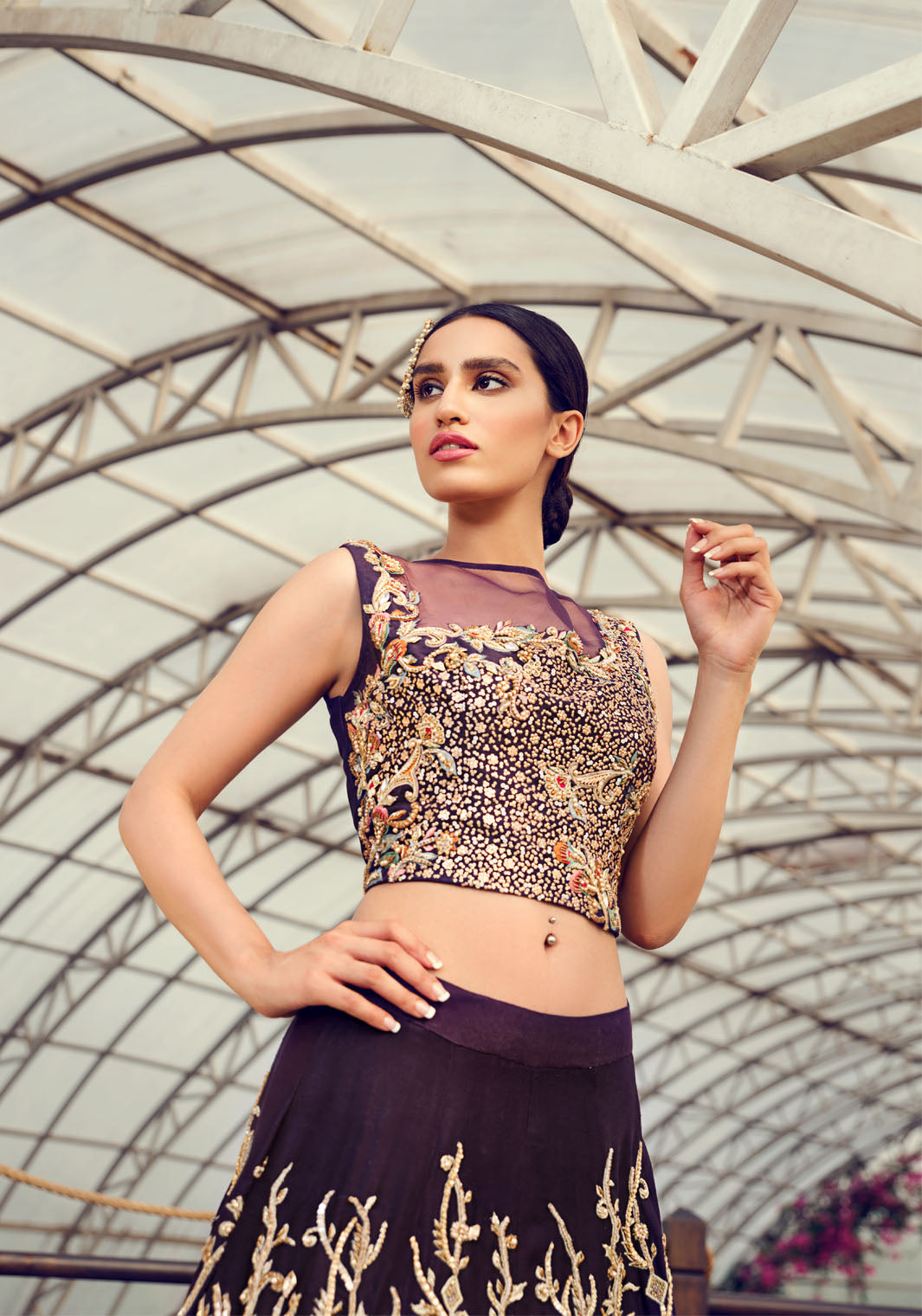 Aubergine Hand-Embellished Pure Raw Silk Lehenga Choli (2-Piece) - Image 3