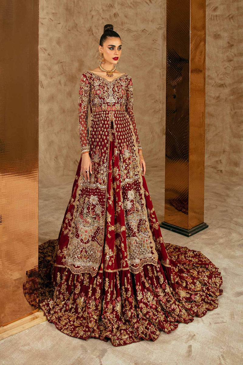 Pakistani Plum Embroidered Net & Raw Silk Bridal Lehnga (3-Piece) - Image 1
