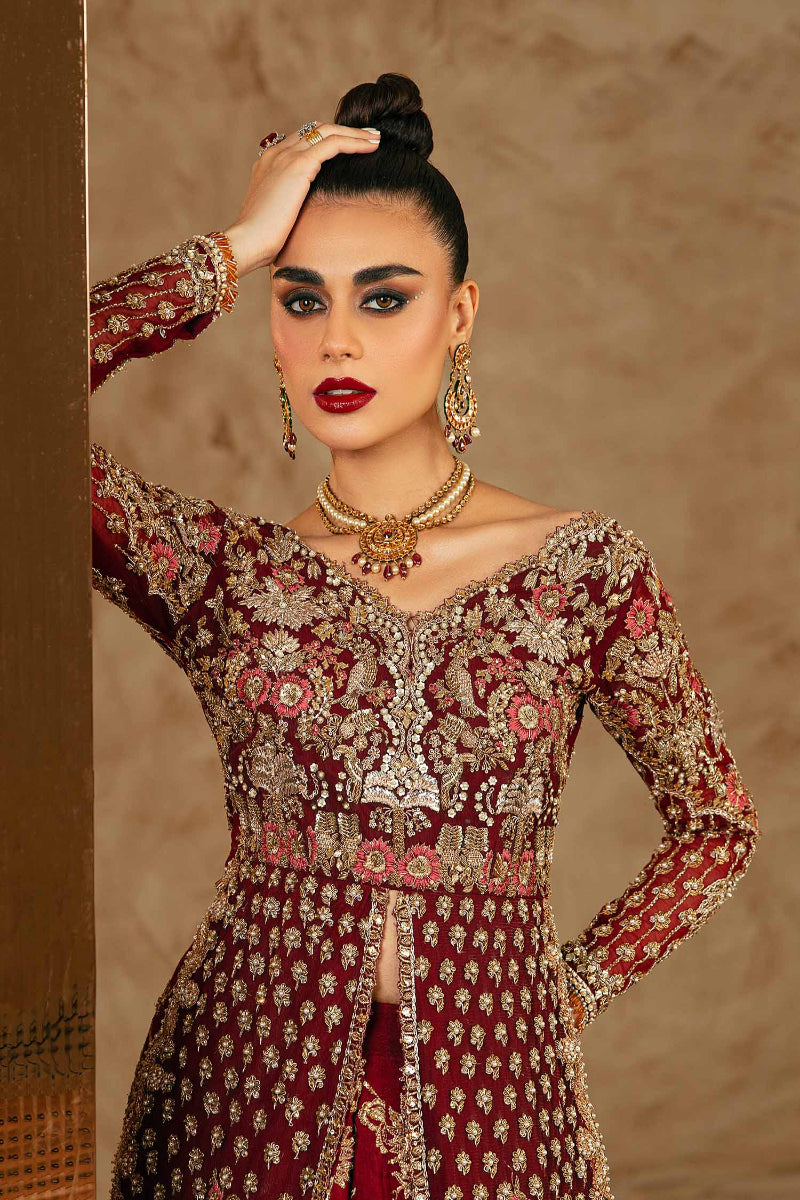 Pakistani Plum Embroidered Net & Raw Silk Bridal Lehnga (3-Piece) - Image 2