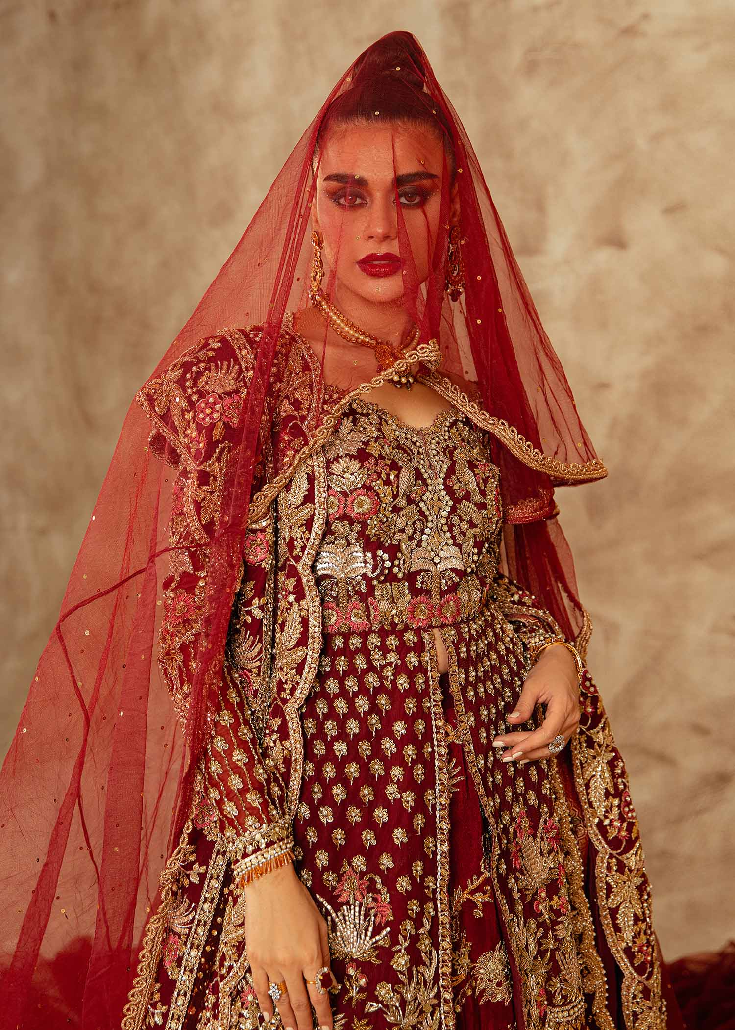 Pakistani Plum Embroidered Net & Raw Silk Bridal Lehnga (3-Piece) - Image 3