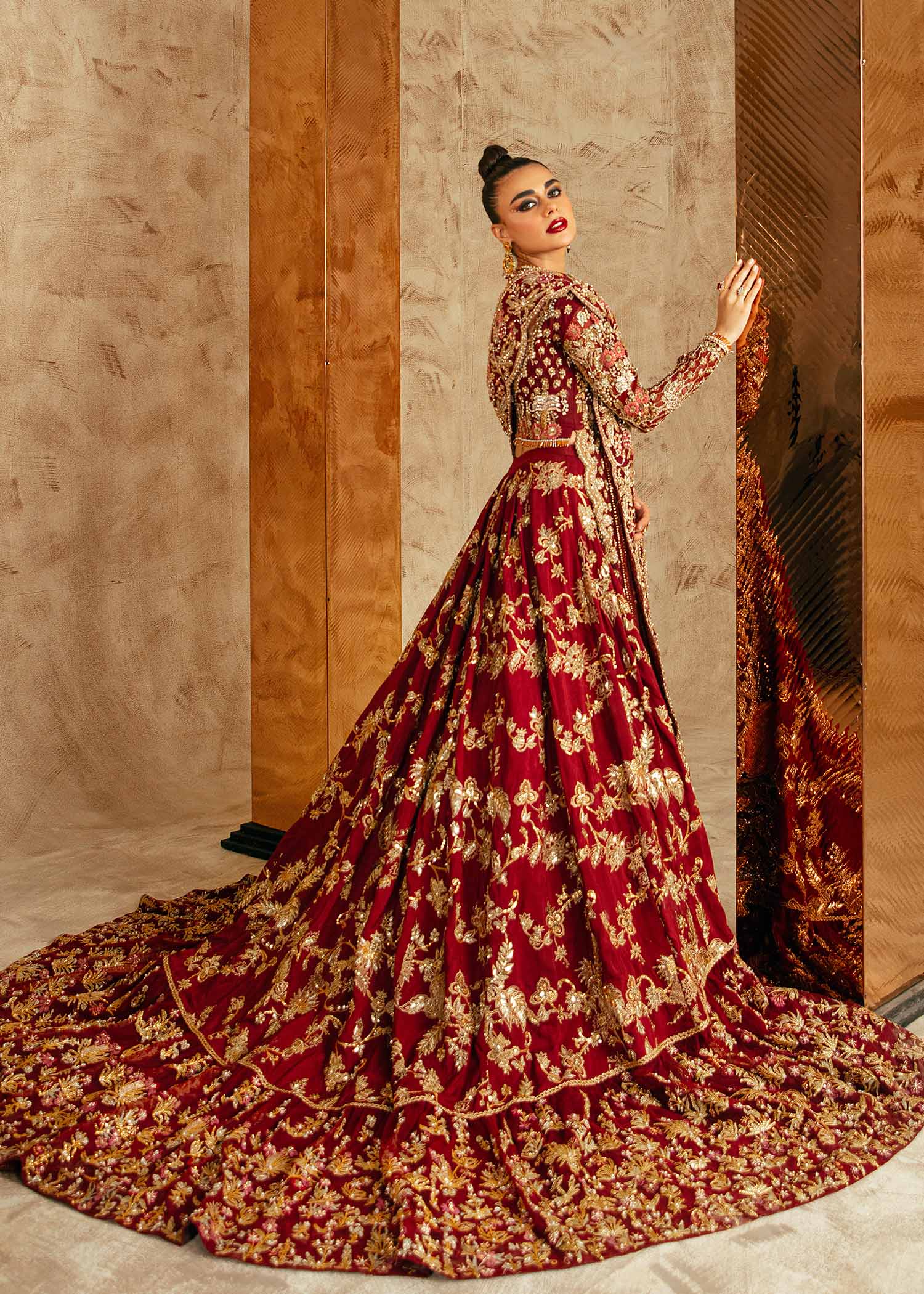 Pakistani Plum Embroidered Net & Raw Silk Bridal Lehnga (3-Piece) - Image 4
