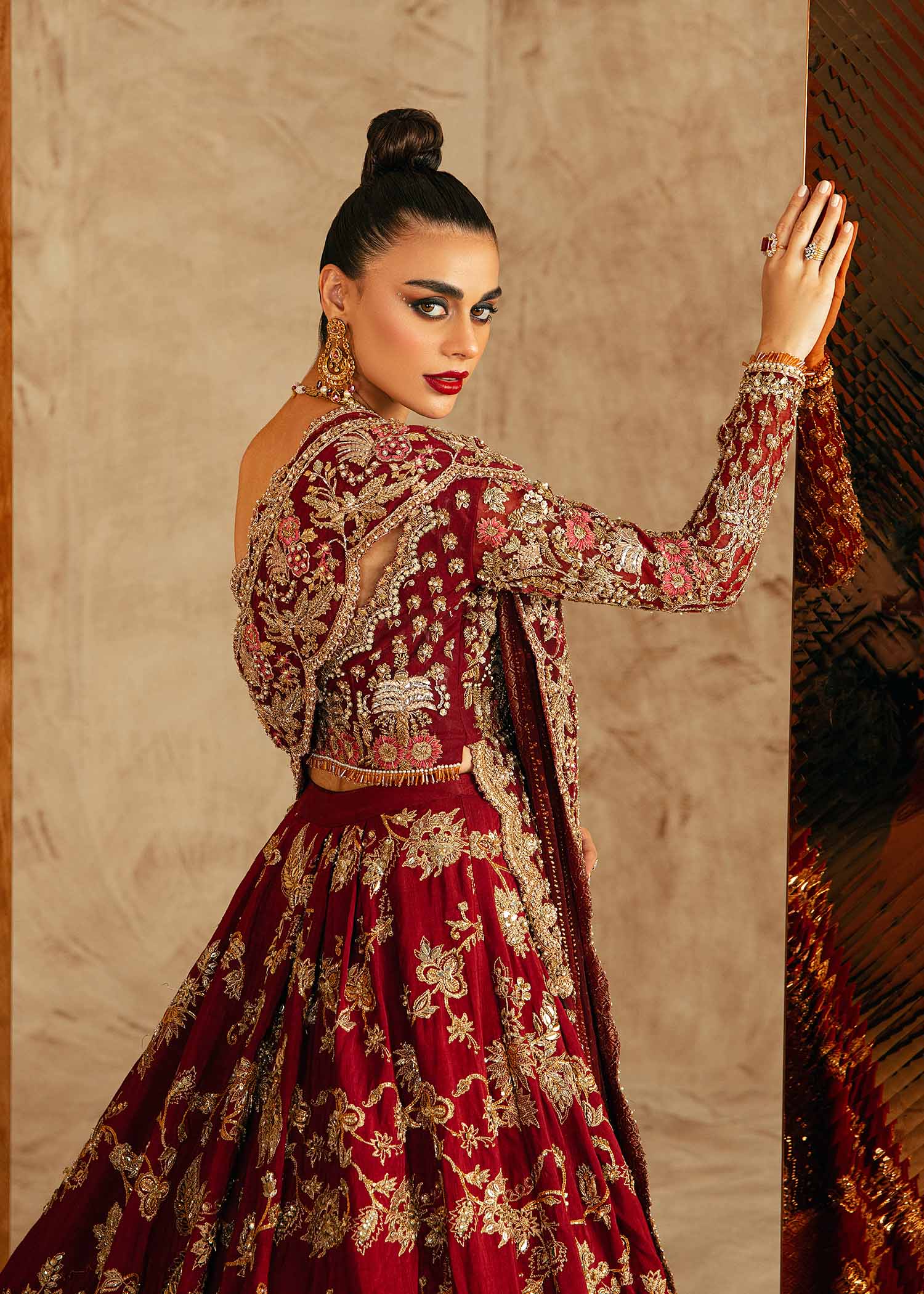 Pakistani Plum Embroidered Net & Raw Silk Bridal Lehnga (3-Piece) - Image 5