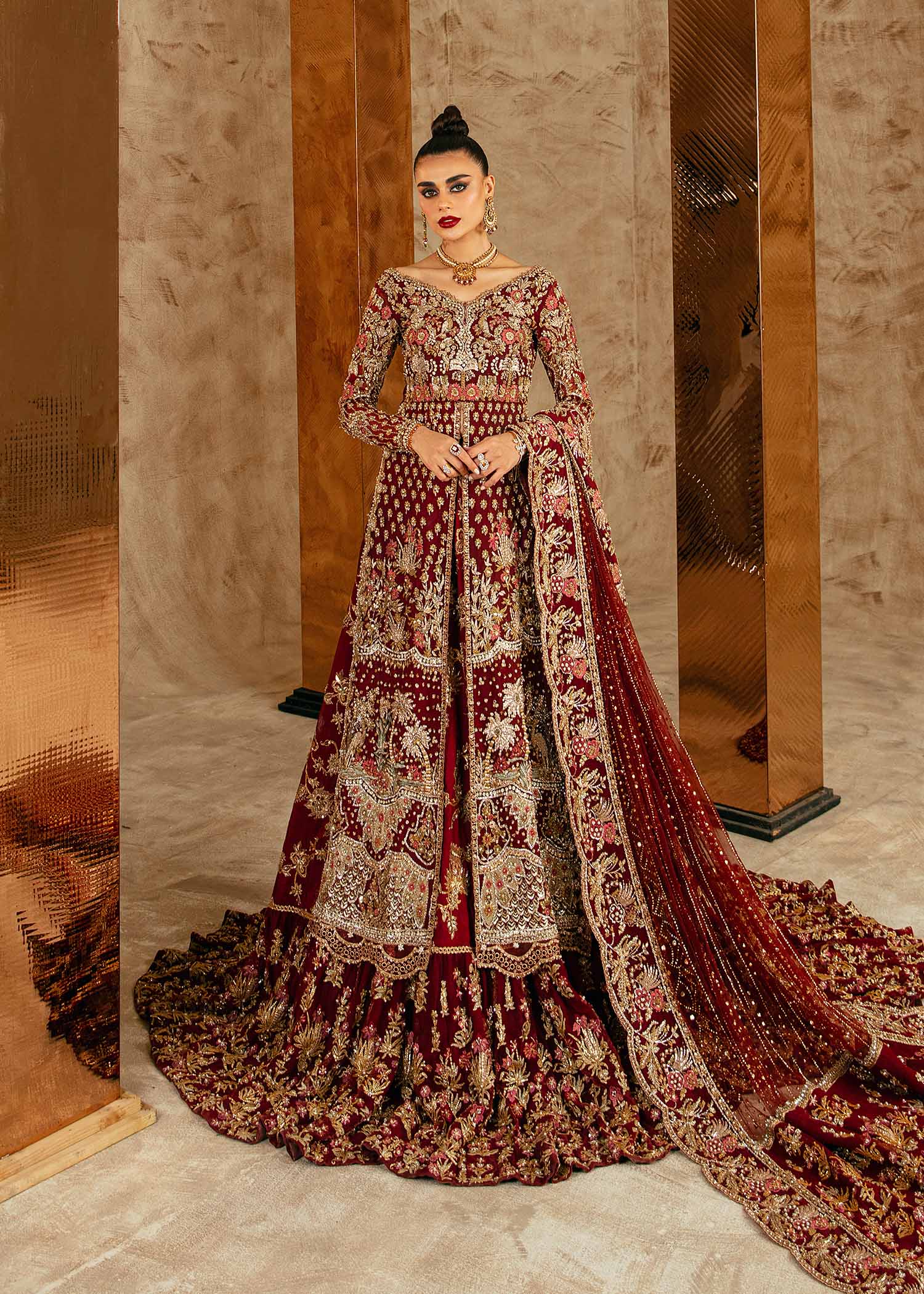 Pakistani Plum Embroidered Net & Raw Silk Bridal Lehnga (3-Piece) - Image 6