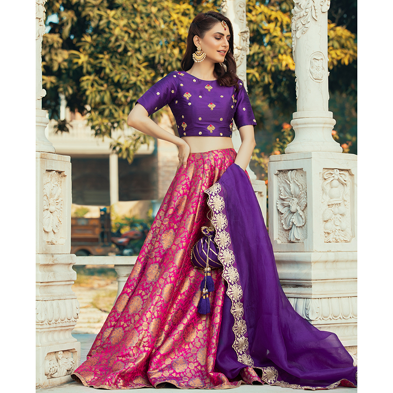 Pakistani Purple Embroidered Raw Silk Choli & Pink Brocade Lehenga (4-Piece) - Image 1