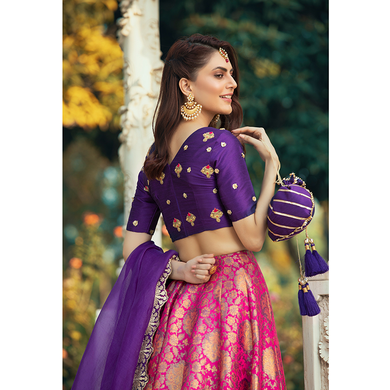 Pakistani Purple Embroidered Raw Silk Choli & Pink Brocade Lehenga (4-Piece) - Image 2
