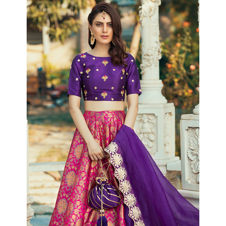 Pakistani Purple Embroidered Raw Silk Choli & Pink Brocade Lehenga (4-Piece) - Image 3