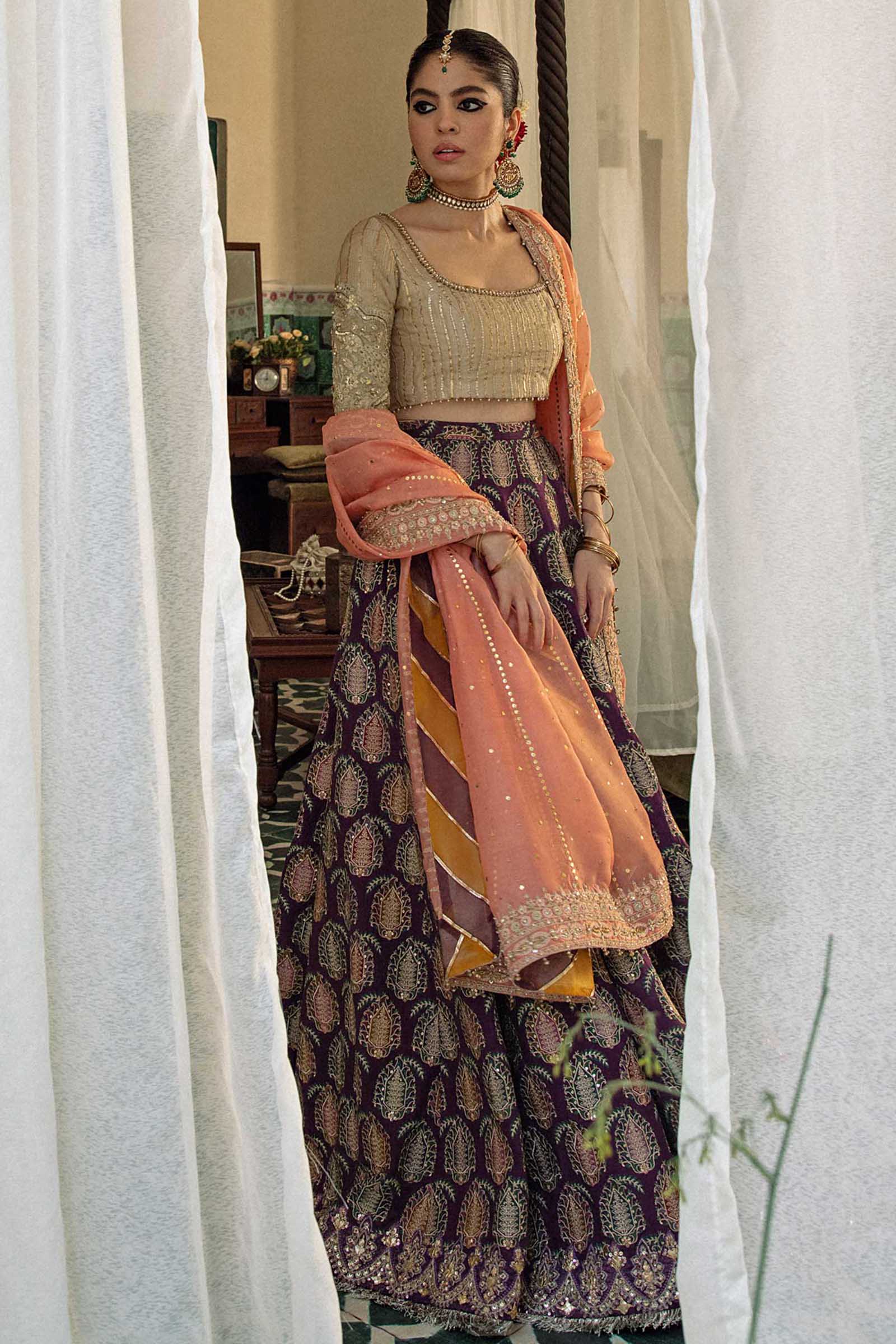 Pakistani Purple Zardozi Raw Silk Lehenga Set (3-Piece) - Image 3